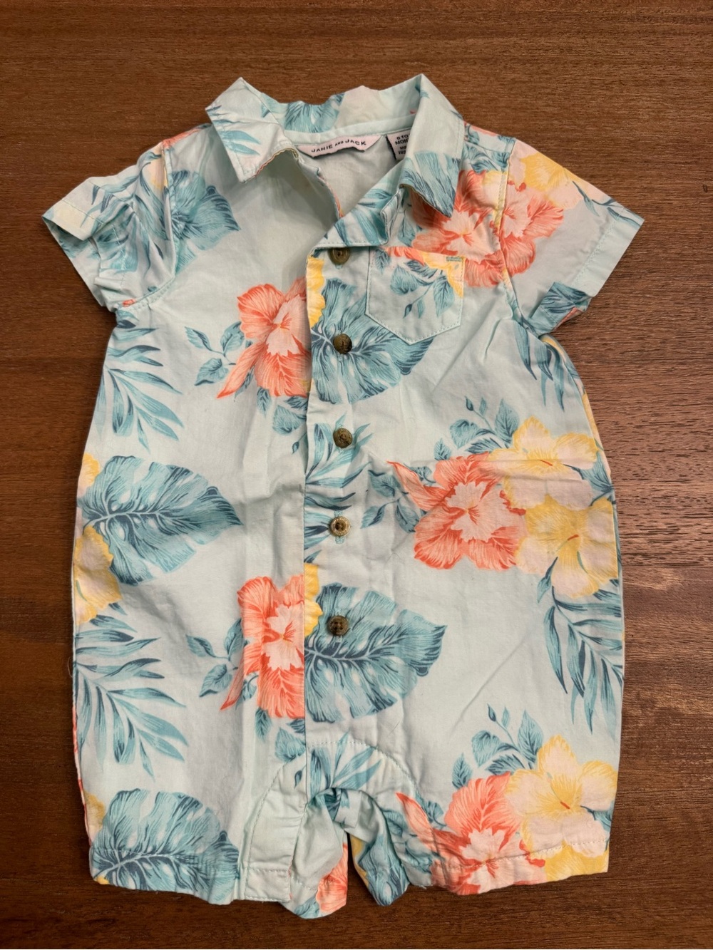 Janie and Jack Tropical Floral Shortall in Light Aqua and Coral Accents